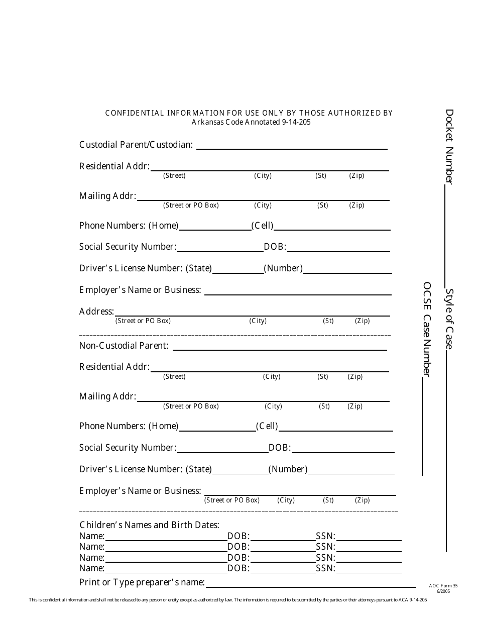 Form 35 Confidential Information Sheet - Arkansas, Page 1