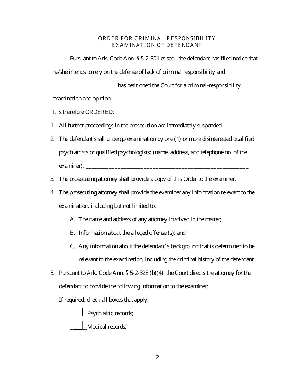 Order for Criminal Responsibility Examination of Defendant - Arkansas, Page 2