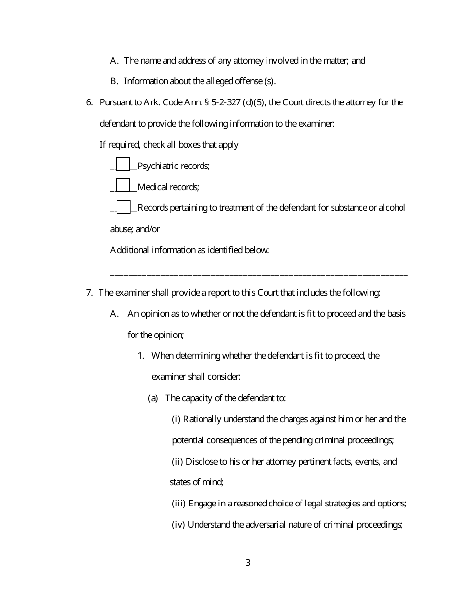 Order for Fitness to Proceed Examination of Defendant - Arkansas, Page 3