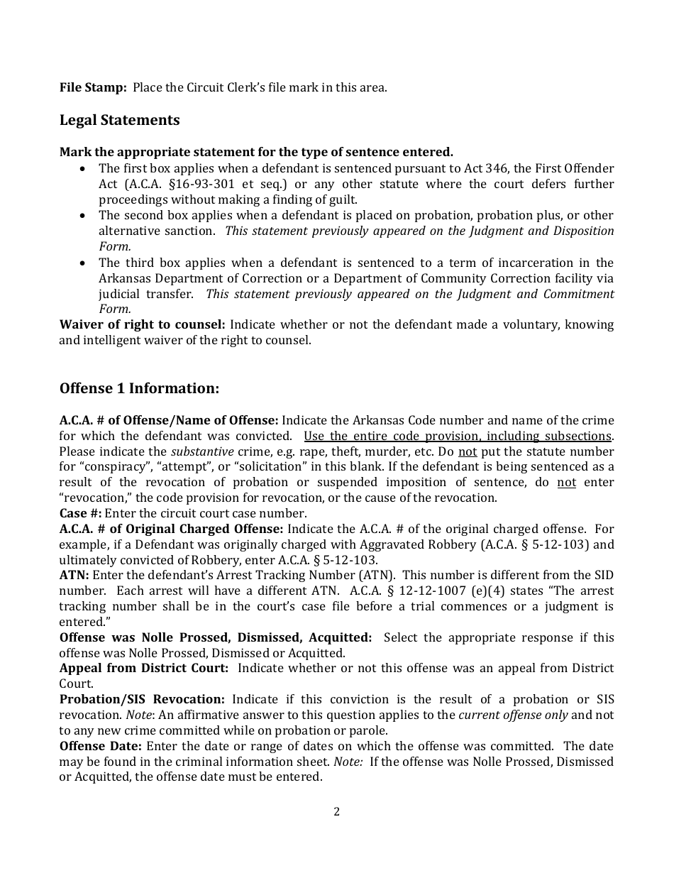Instructions for Sentencing Order - Arkansas, Page 2