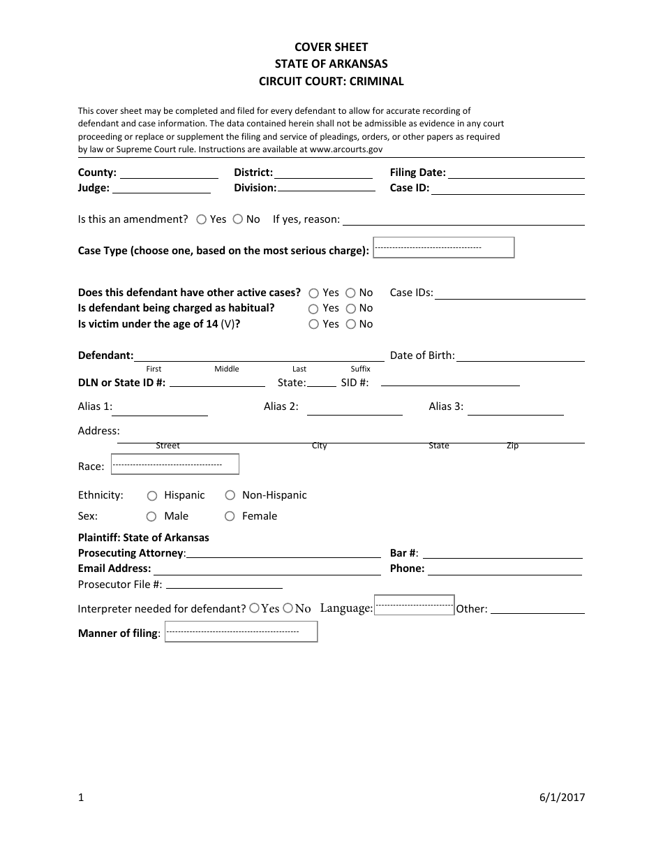 Arkansas Criminal Cover Sheet Fill Out, Sign Online and Download PDF Templateroller