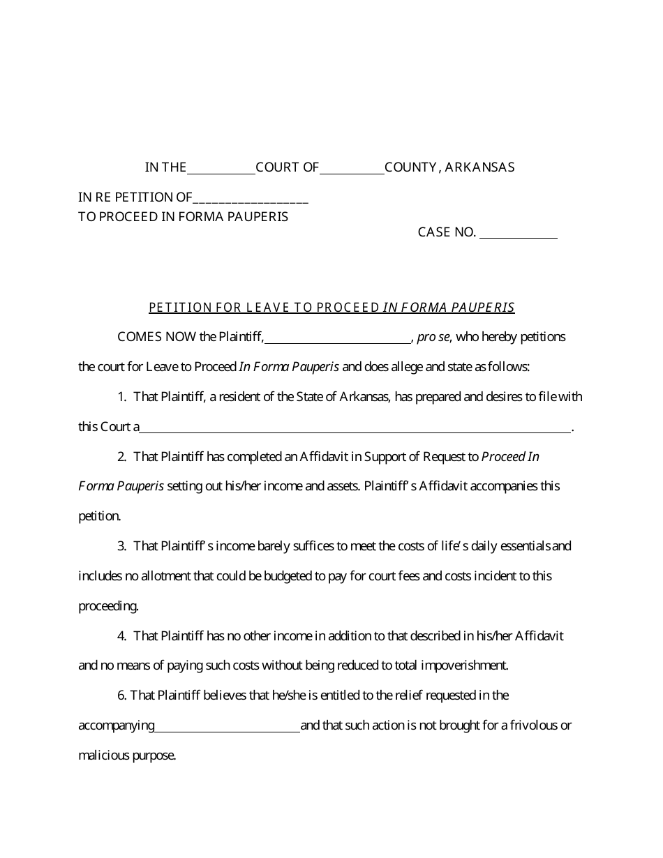 Petition for Leave to Proceed in Forma Pauperis - Arkansas, Page 1