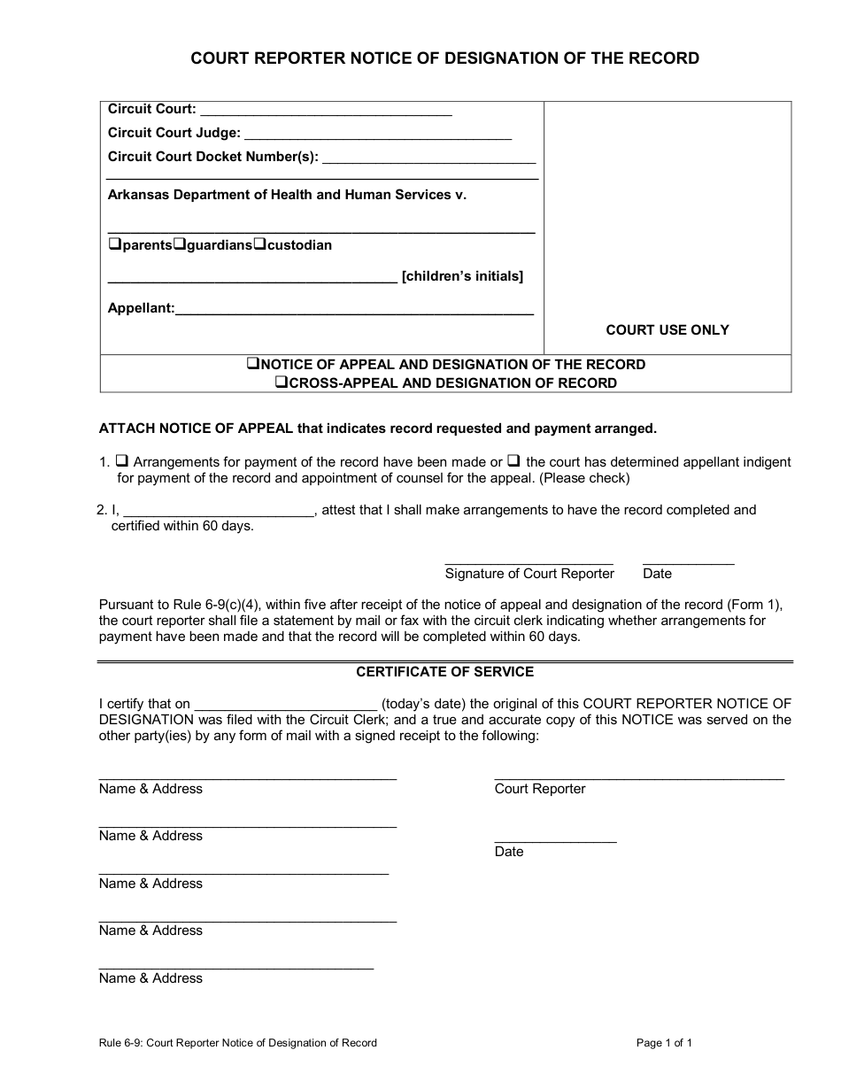 Arkansas Court Reporter Notice of Designation of the Record Fill Out
