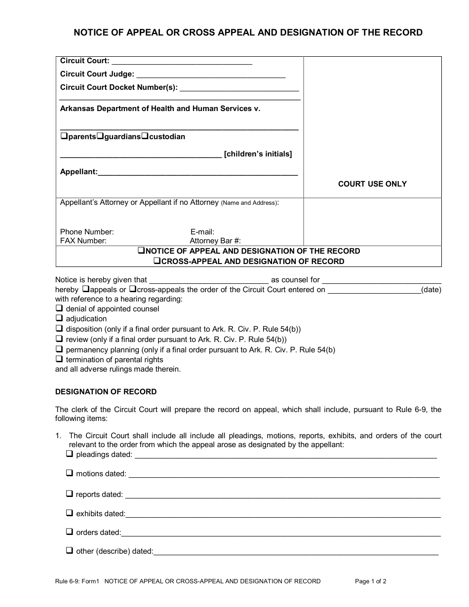 Form 1 Notice of Appeal or Cross Appeal and Designation of the Record - Arkansas, Page 1