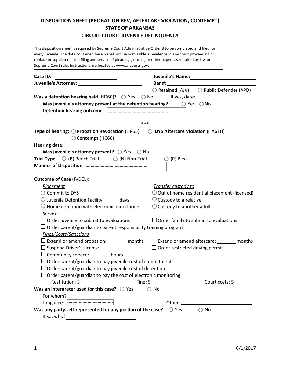 Juvenile Delinquency Disposition Sheet (Probation Rev, Aftercare Violation, Contempt) - Arkansas, Page 1