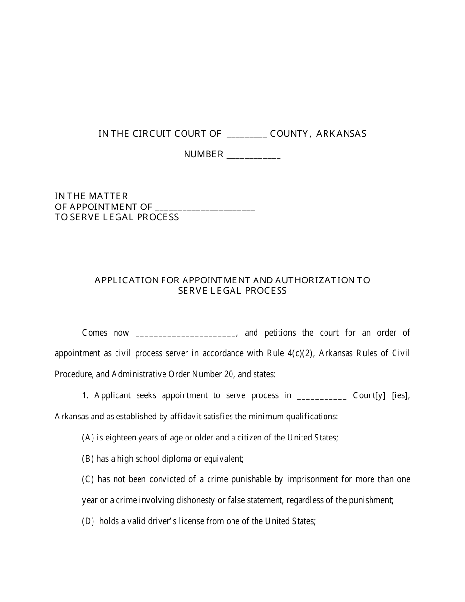 Application for Appointment and Authorization to Serve Legal Process - Arkansas, Page 1