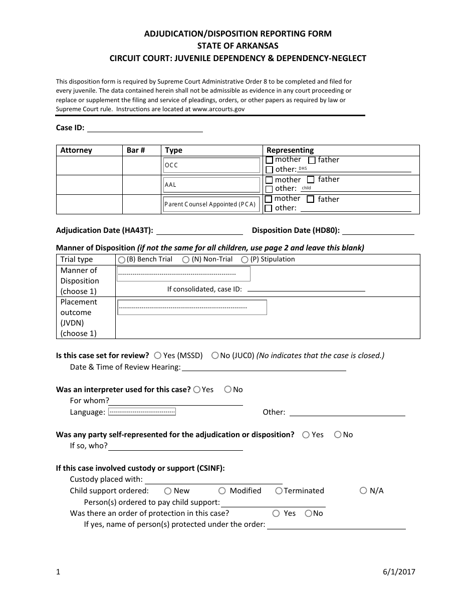 Adjudication / Disposition Reporting Form - Juvenile Dependency  Dependency-Neglect - Arkansas, Page 1