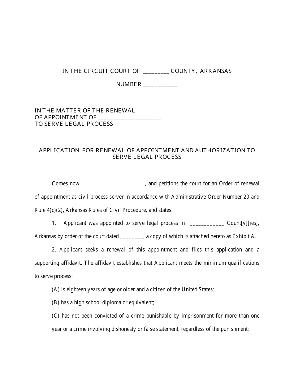Application for Renewal of Appointment and Authorization to Serve Legal Process - Arkansas, Page 1