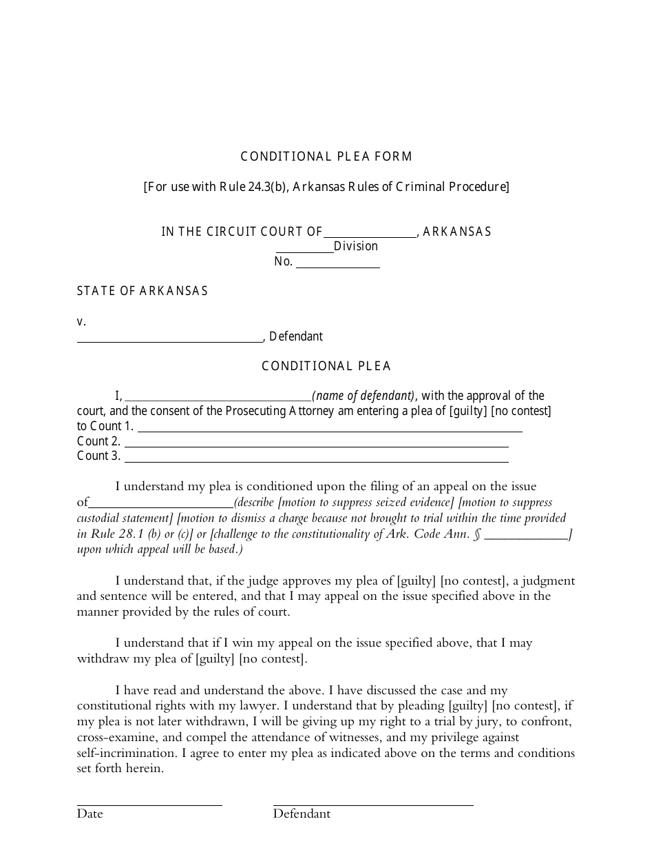 Conditional Plea Form - Arkansas, Page 1