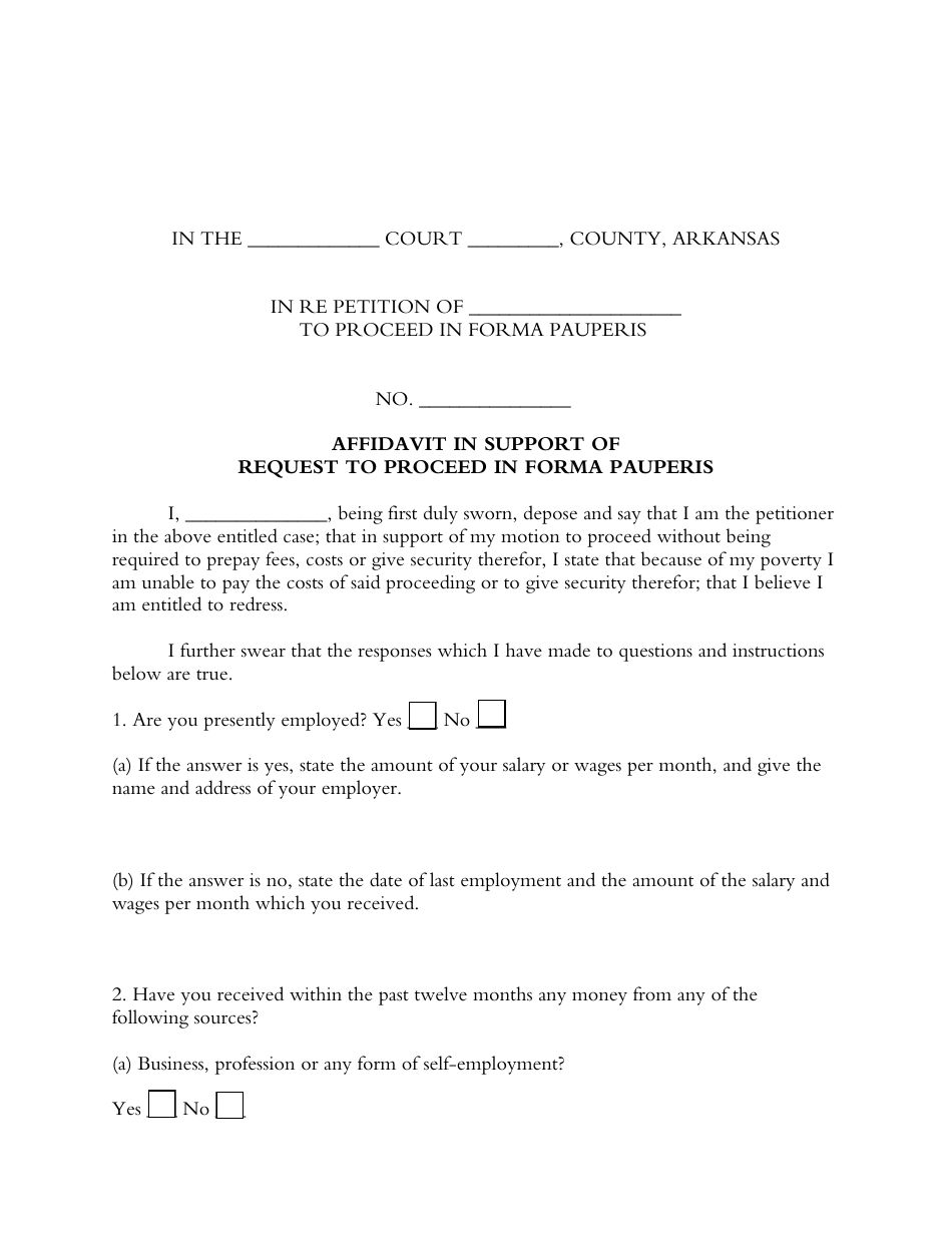 Affidavit in Support of Request to Proceed in Forma Pauperis - Arkansas, Page 1