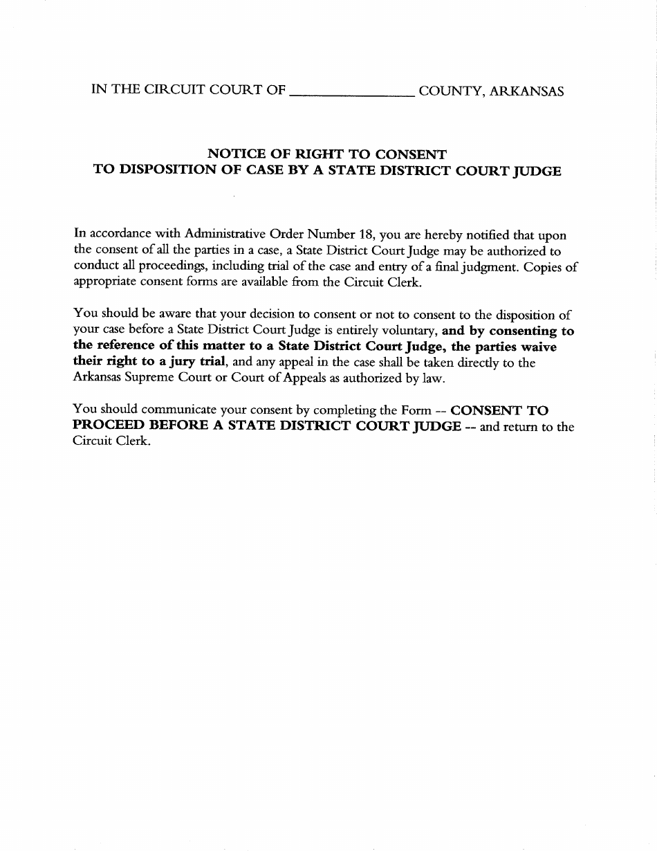 Notice of Right to Consent to Disposition of Case by a State District Court Judge - Arkansas, Page 1