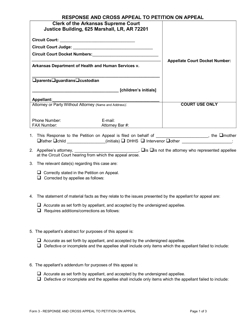 Form 3 Response and Cross Appeal to Petition on Appeal - Arkansas, Page 1