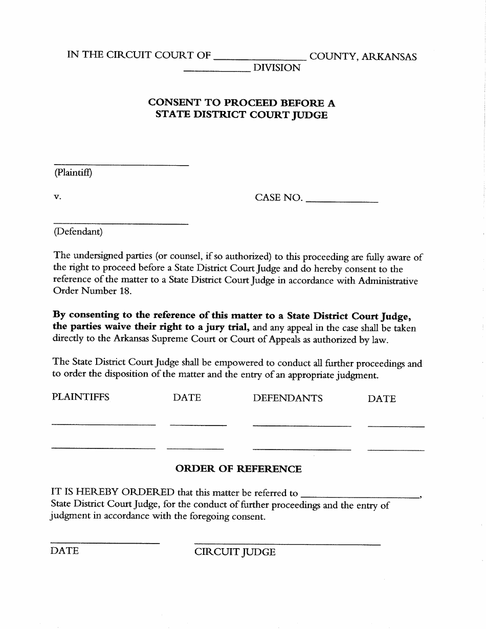 Consent to Proceed Before a State District Court Judge - Arkansas, Page 1