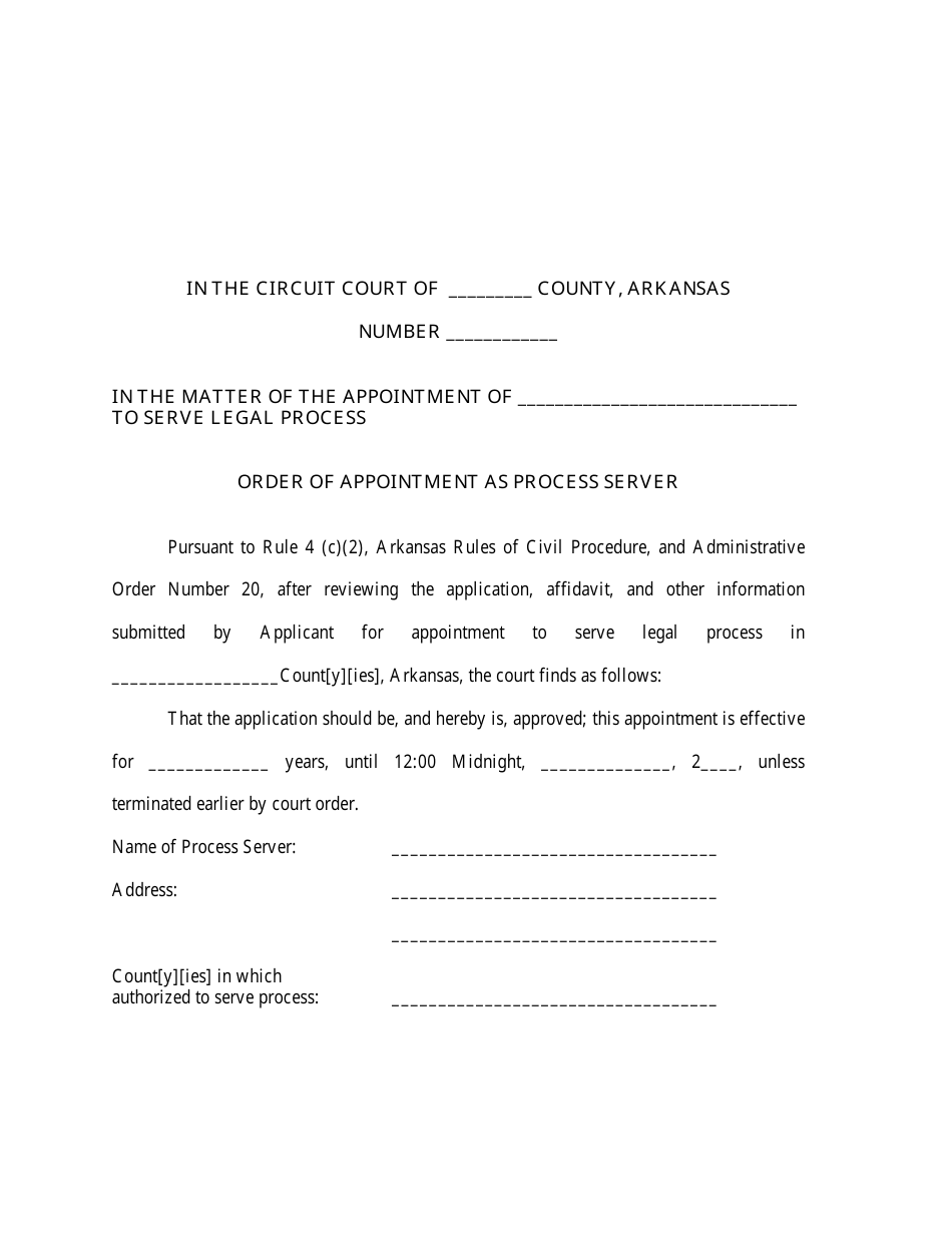 Order of Appointment as Process Server - Arkansas, Page 1