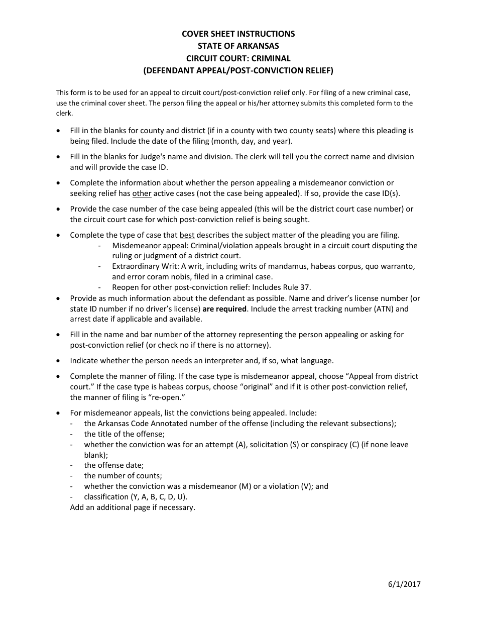 Arkansas Criminal Postconviction Relief in Circuit Court Cover Sheet