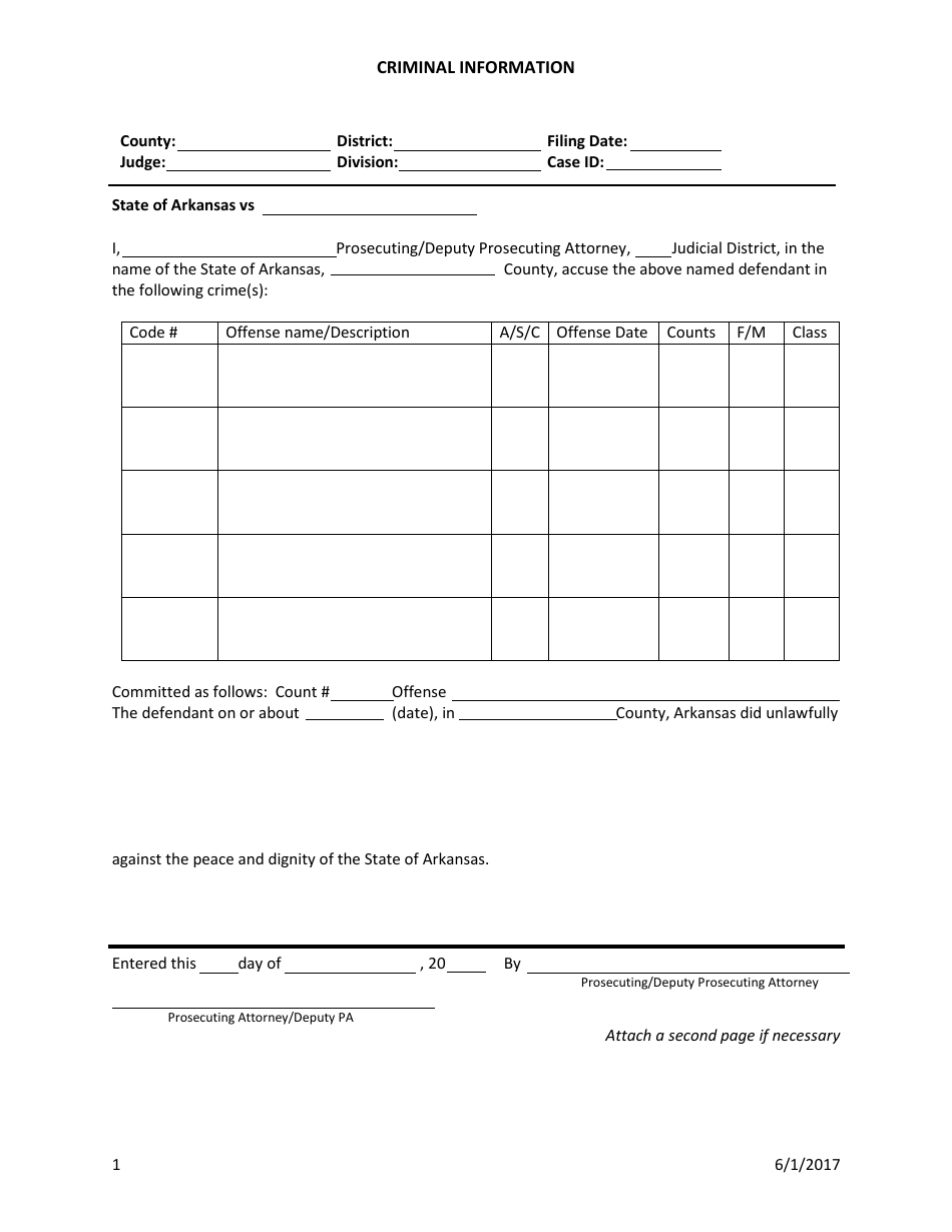 Criminal Information Form - Arkansas, Page 1