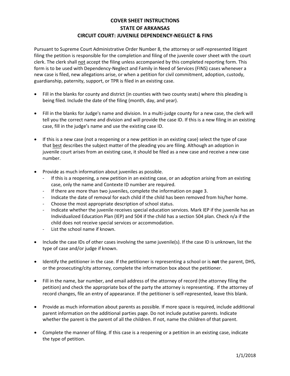 Arkansas Juvenile DependencyNeglect & Fins Cover Sheet Instructions