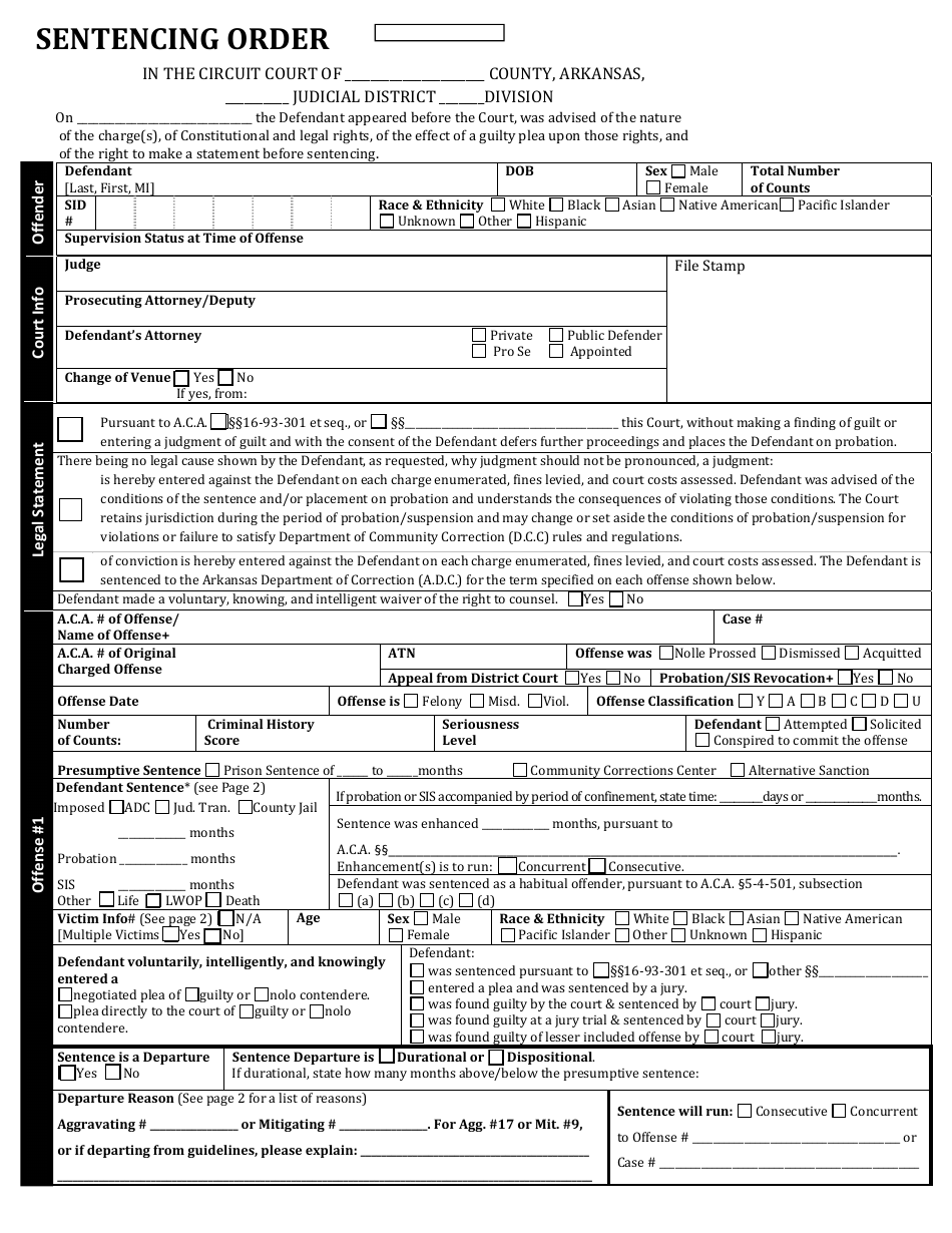 Sentencing Order Form - Arkansas, Page 1