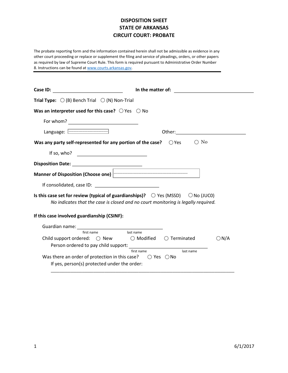 Probate Disposition Sheet - Arkansas, Page 1