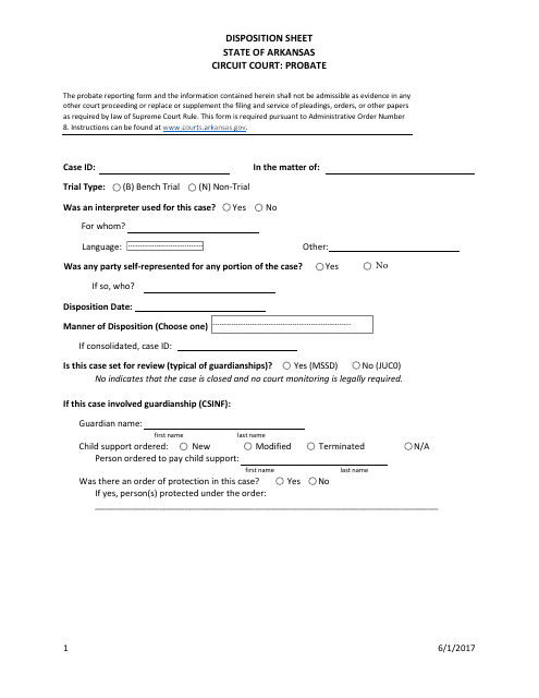 Probate Disposition Sheet - Arkansas Download Pdf