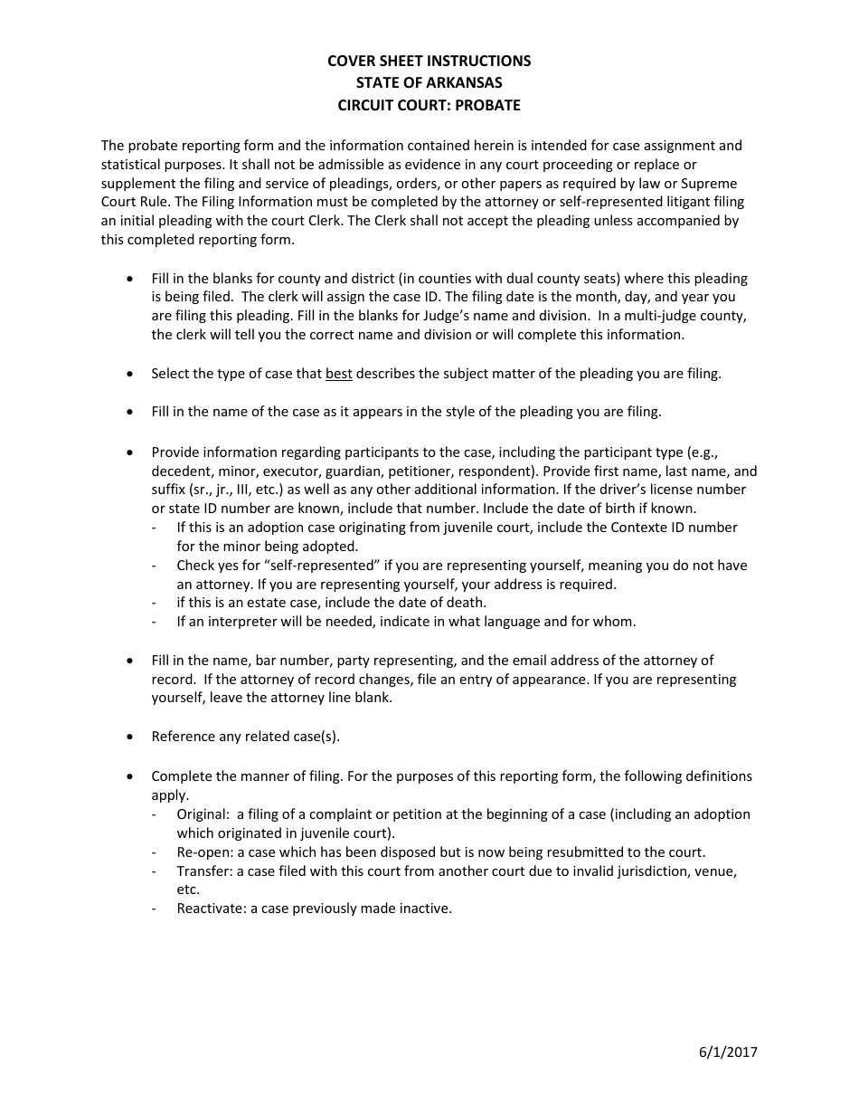 Probate Cover Sheet Instructions - Arkansas, Page 1