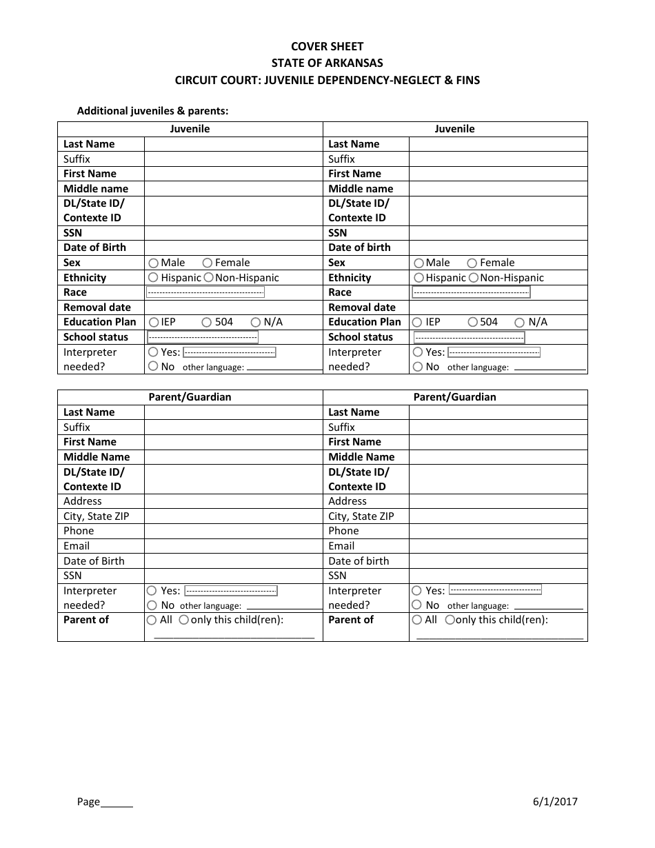 Juvenile Dependency-Neglect and Fins Cover Sheet - Additional Parties - Arkansas, Page 1