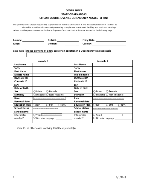 Juvenile Dependency-Neglect and Fins Cover Sheet - Arkansas