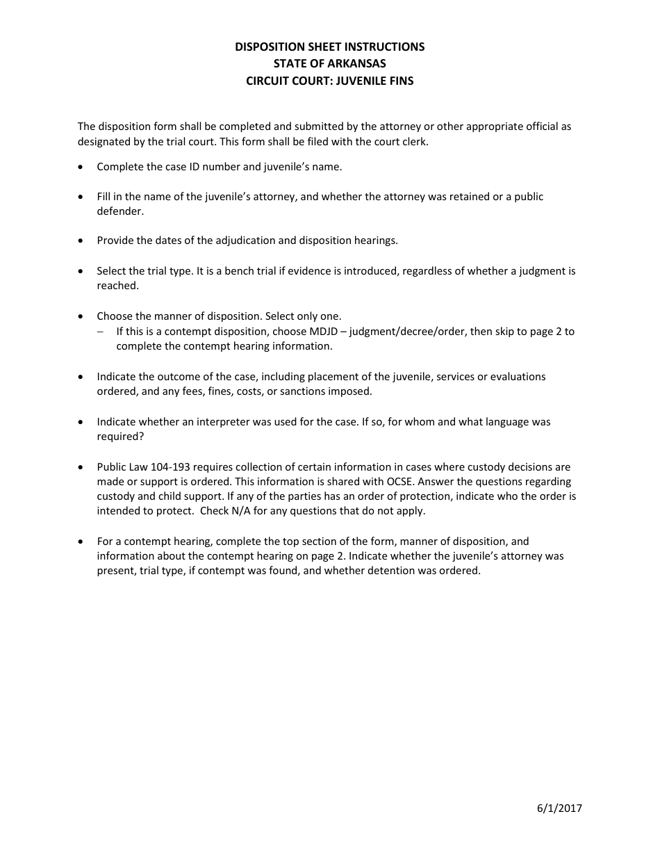Arkansas Juvenile Fins Disposition Sheet Instructions Download