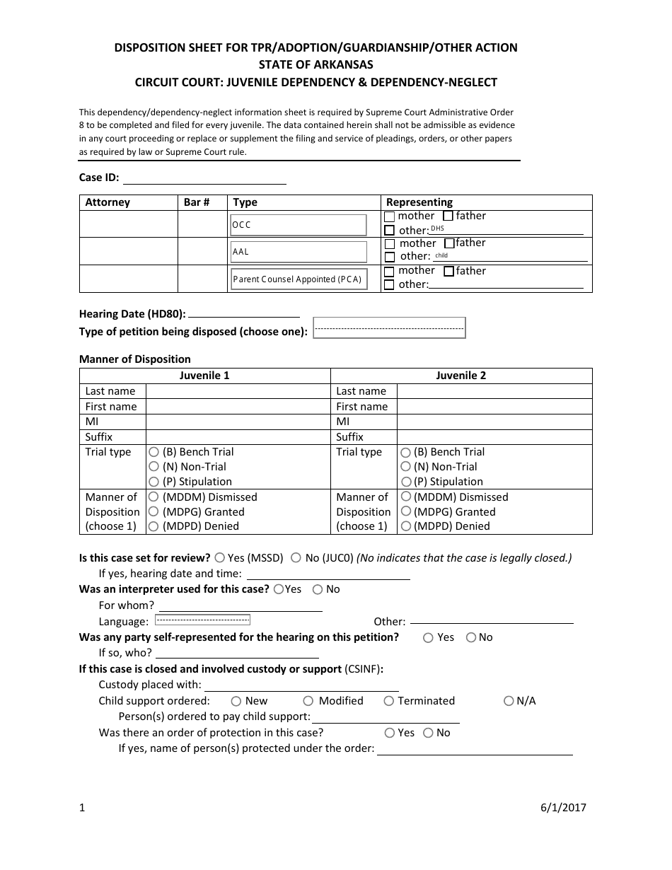 Juvenile Dependency-Neglect Tpr / Adoption / Guardianship Disposition Sheet - Arkansas, Page 1