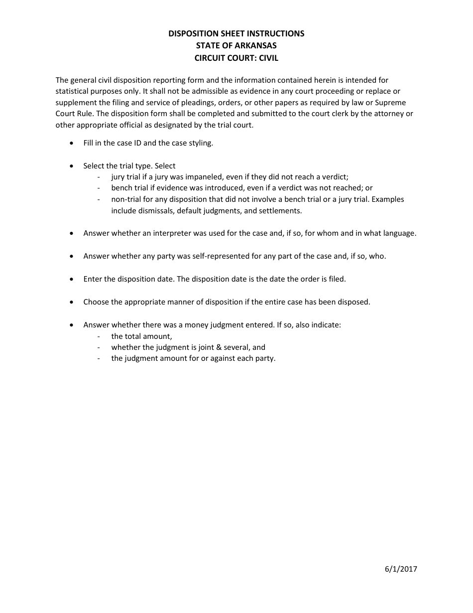 Civil Disposition Sheet Instructions - Arkansas, Page 1