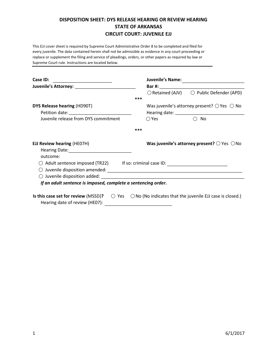 Juvenile Ejj Dys Release / Review Hearing Disposition Sheet - Arkansas, Page 1