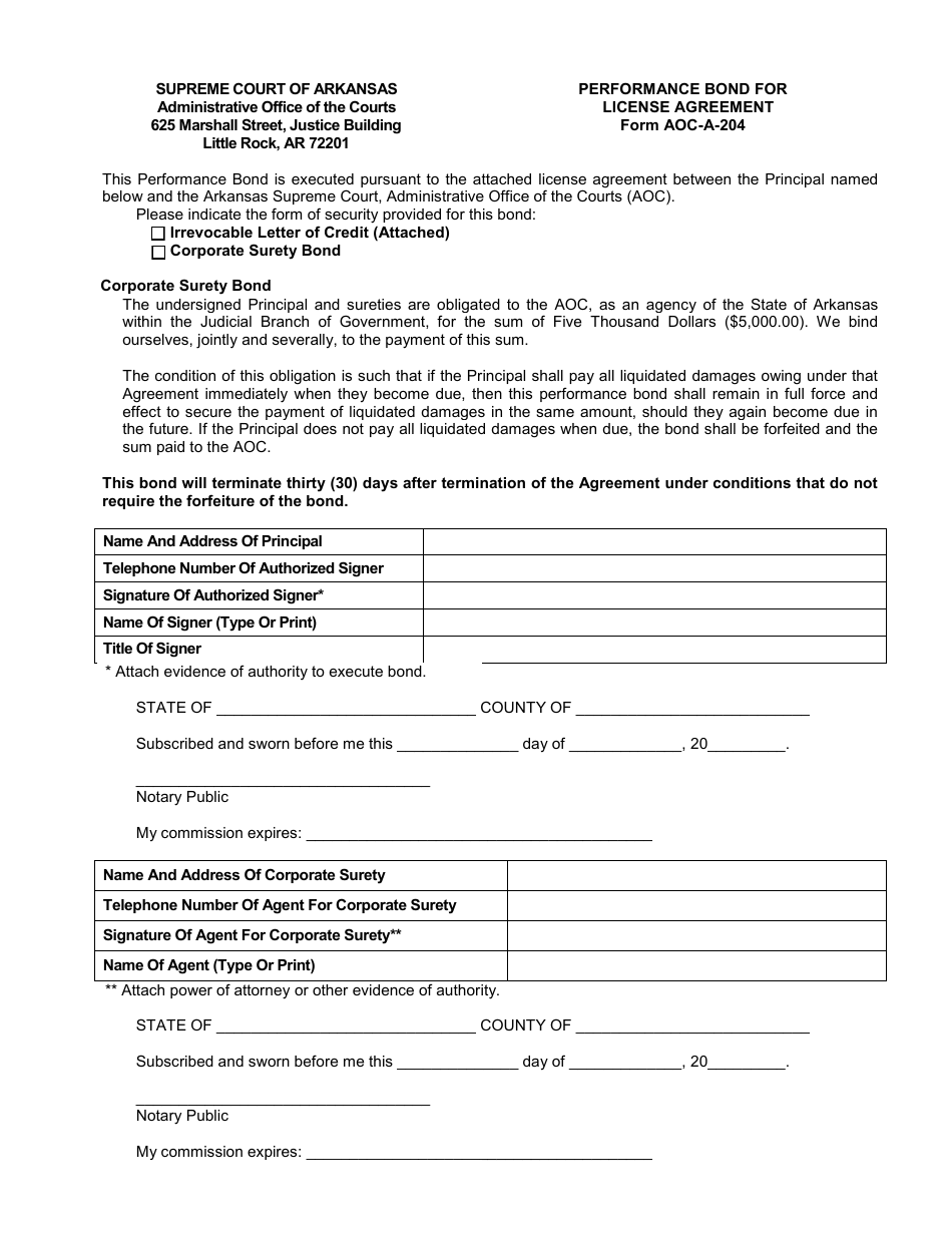 Form AOC-A-204 Performance Bond for License Agreement - Arkansas, Page 1