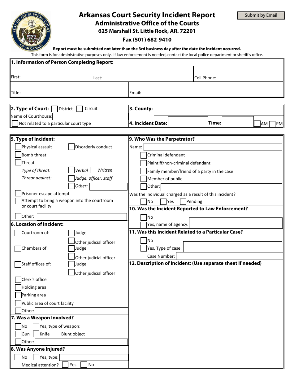 Arkansas Court Security Incident Report Form - Arkansas, Page 1