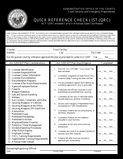 Quick Reference Checklist (Qrc) - Act-1259 Concealed Carry in Arkansas State Courthouses - Arkansas Download Pdf