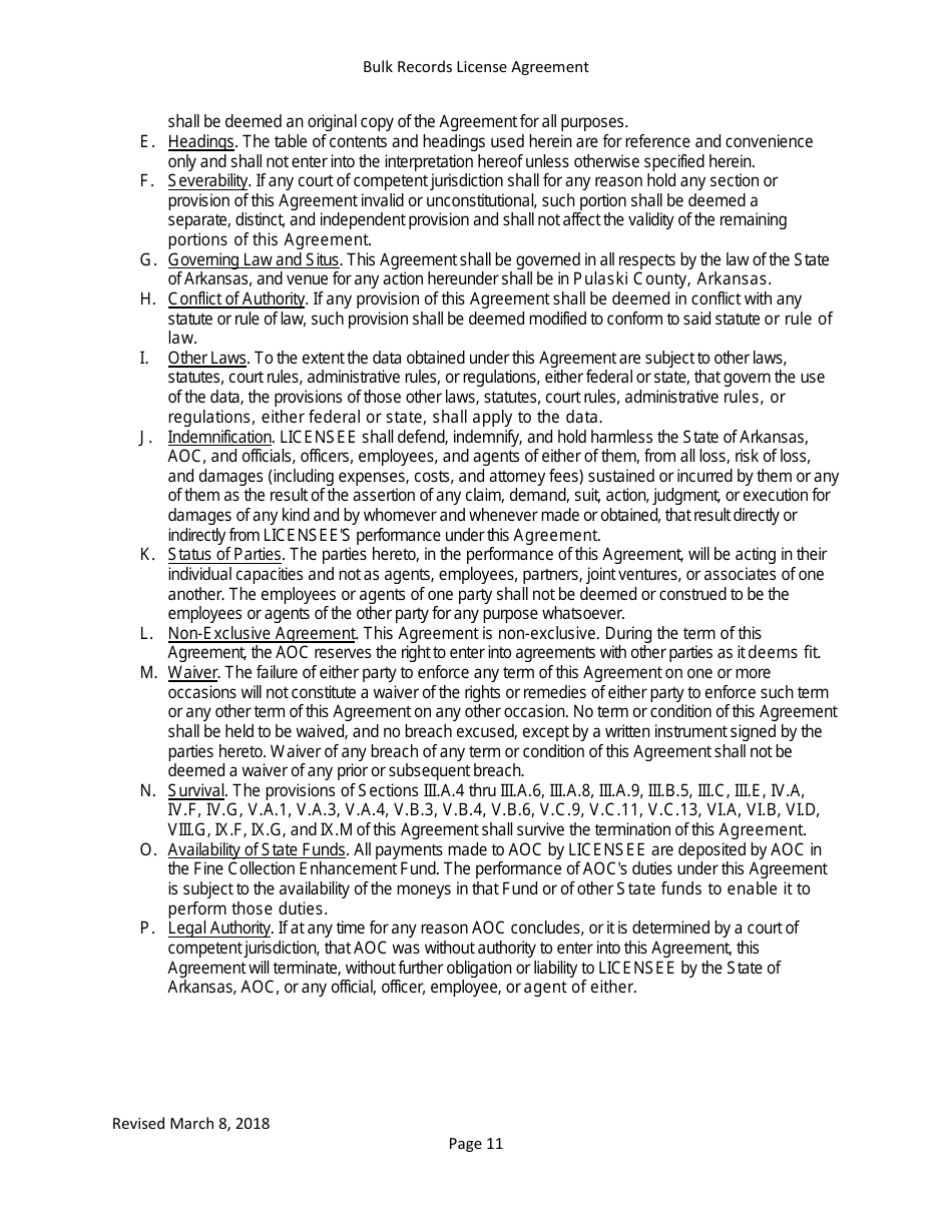 Bulk Records License Agreement - Data Extracts - Arkansas, Page 11