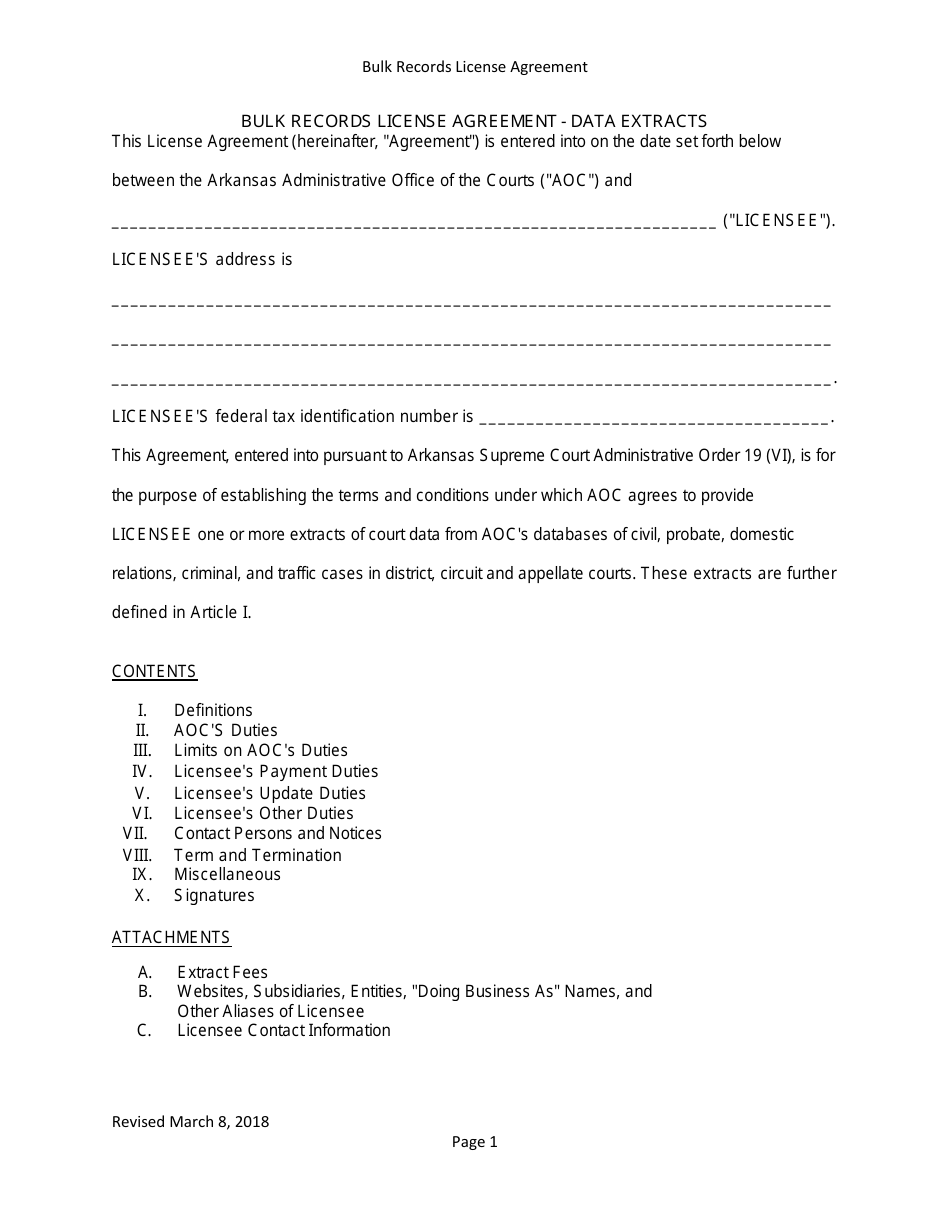 Bulk Records License Agreement - Data Extracts - Arkansas, Page 1