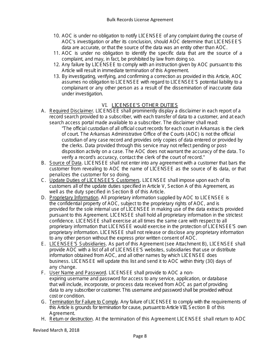 Bulk Records License Agreement - Data Extracts - Arkansas, Page 8