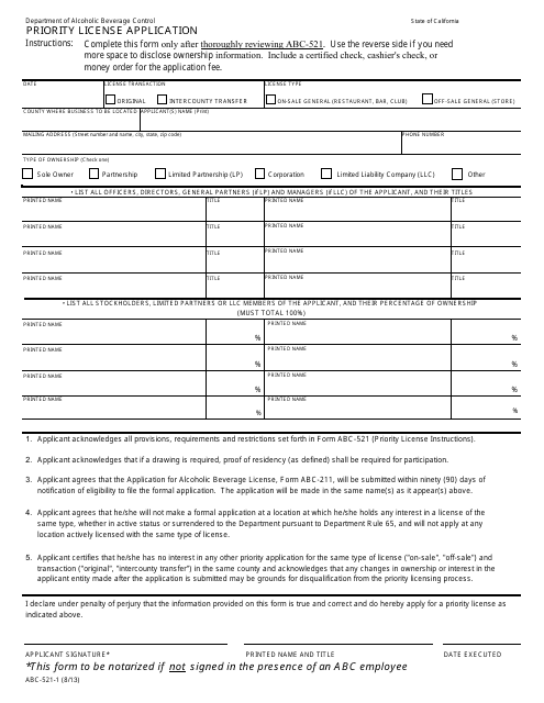 Form ABC-521-1 Priority License Application - California