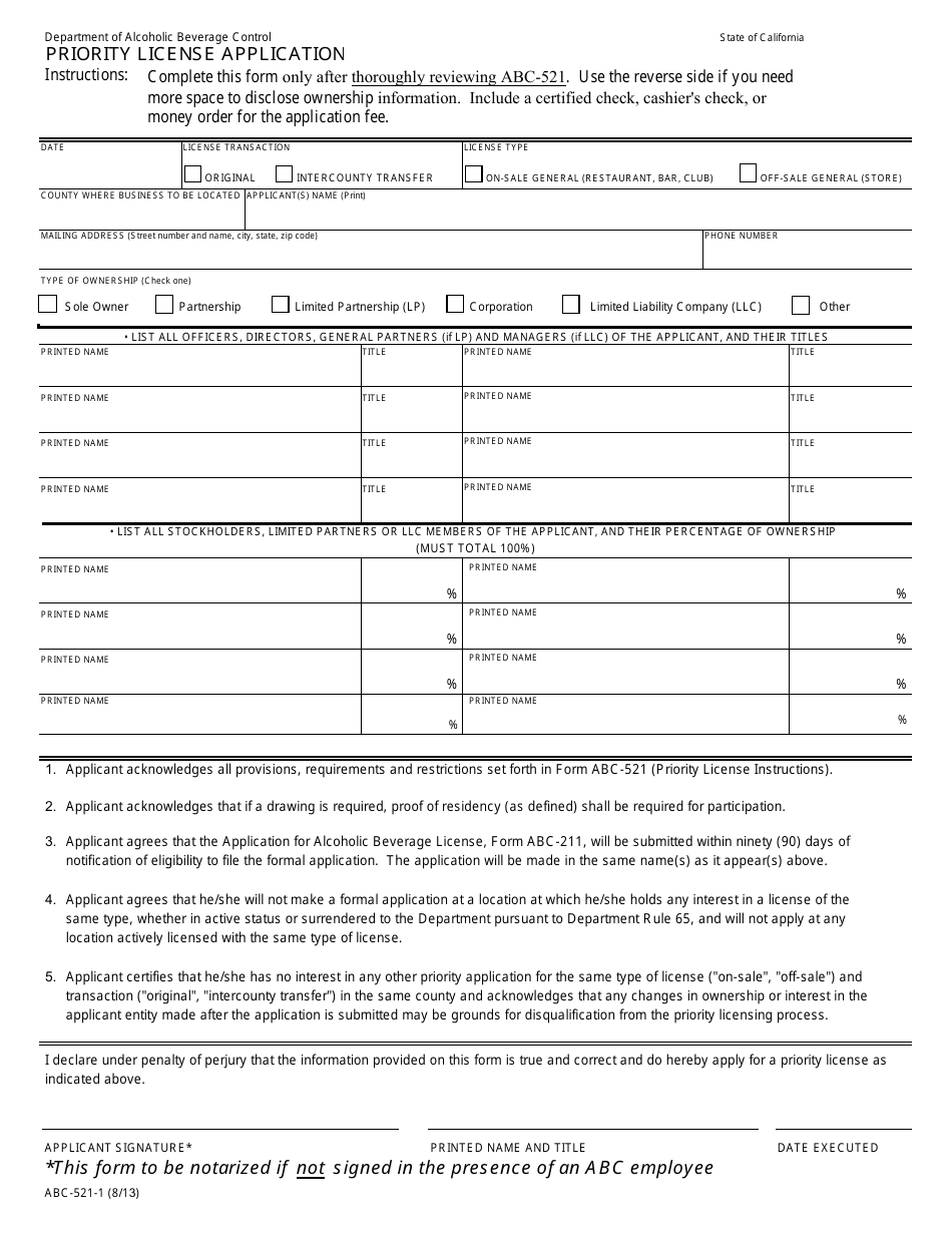 Form ABC-521-1 Priority License Application - California, Page 1
