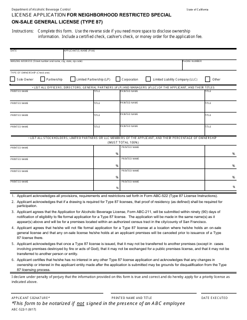 Form ABC-522-1  Printable Pdf