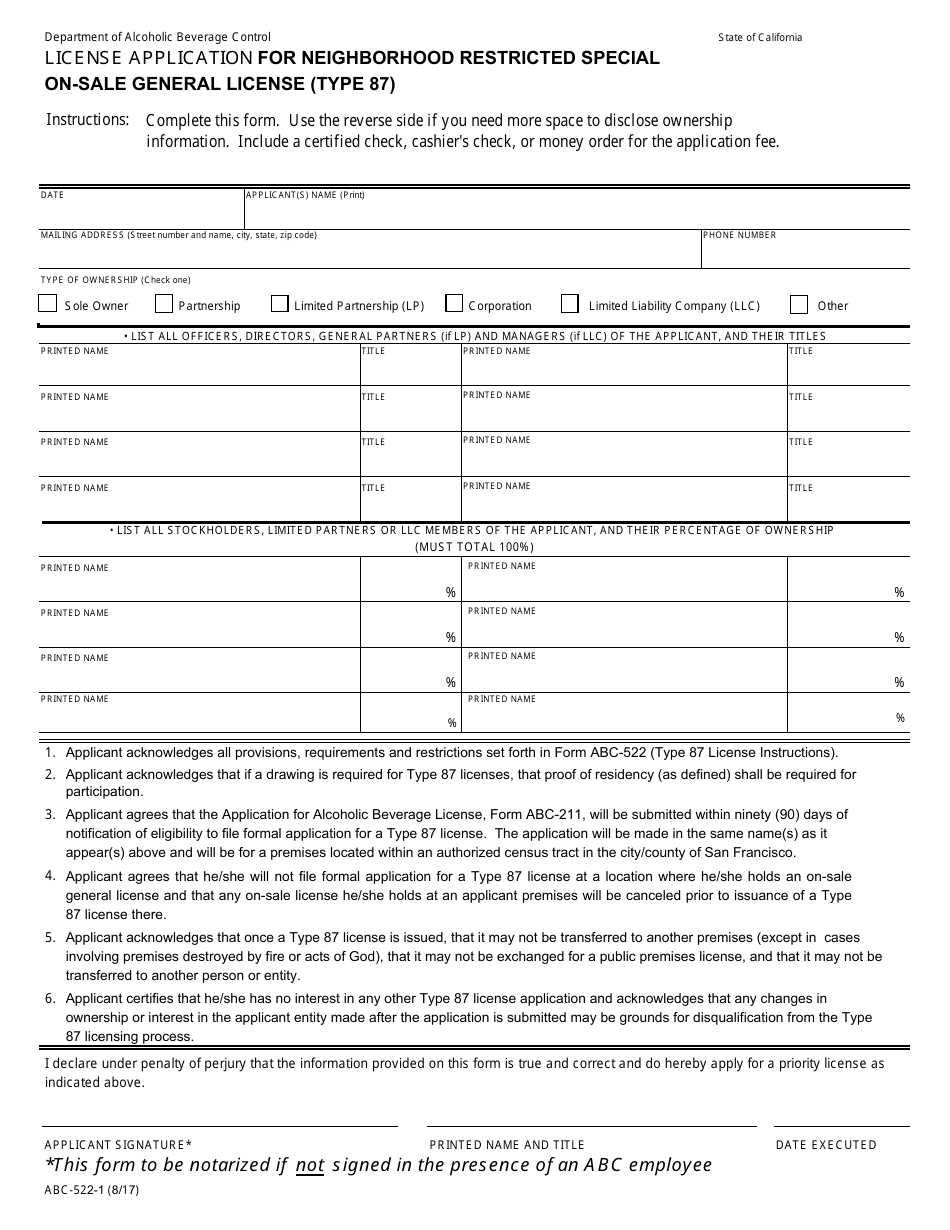 Form ABC-522-1 License Application for Neighborhood Restricted Special on-Sale General License (Type 87) - California, Page 1