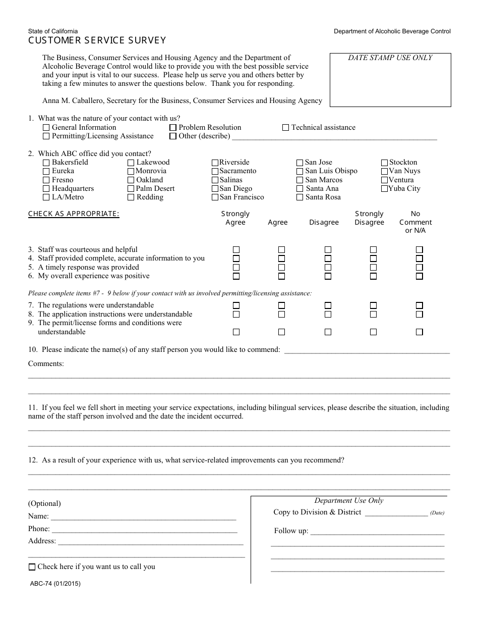Form ABC-74 Customer Service Survey - California, Page 1