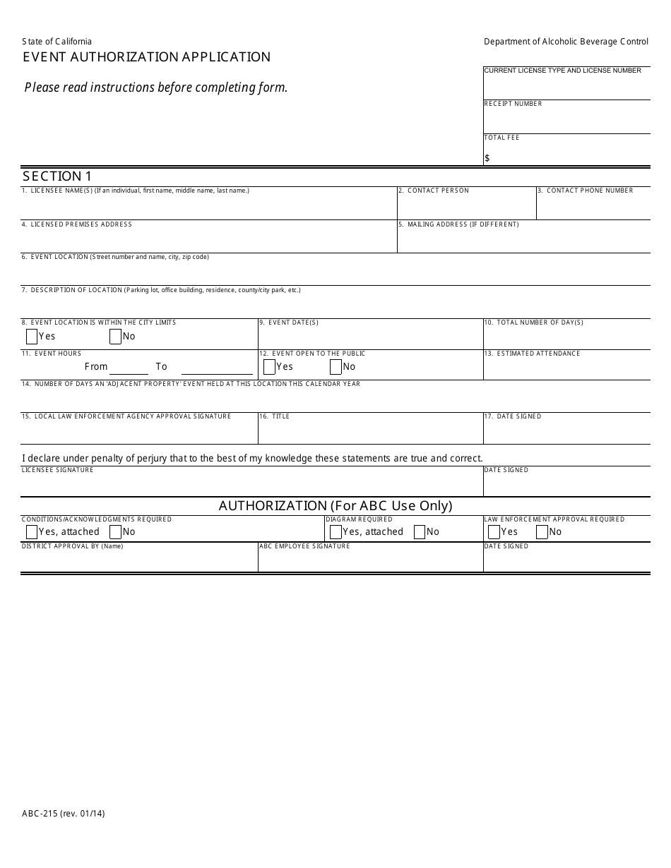 Form ABC-215 Event Authorization Application - California, Page 1