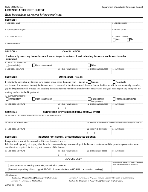 Form ABC-231 License Action Request - California