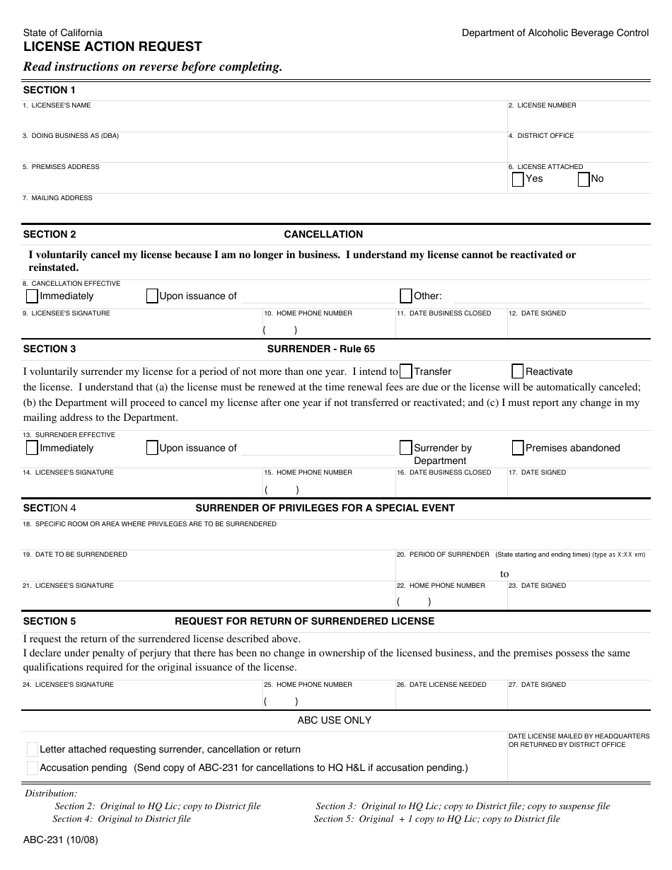Form ABC-231 License Action Request - California, Page 1