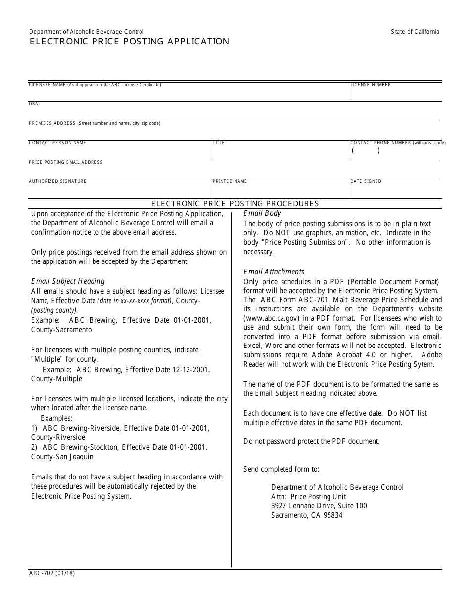 Form ABC-702 Electronic Price Posting Application - California, Page 1