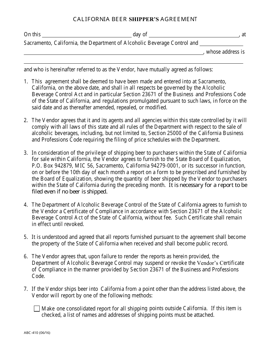 Form ABC-410 California Beer Shippers Agreement - California, Page 1