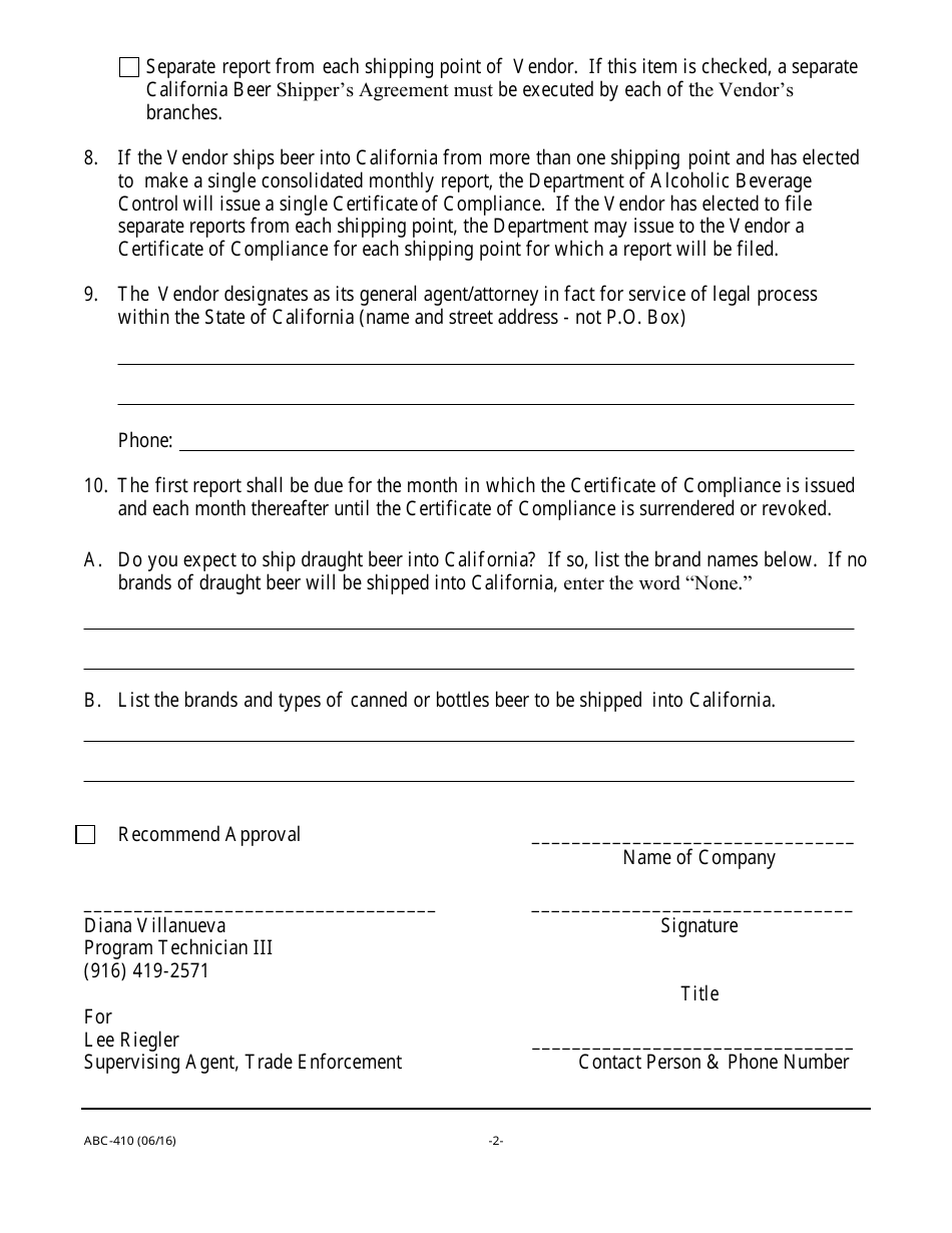 Form ABC-410 California Beer Shippers Agreement - California, Page 2