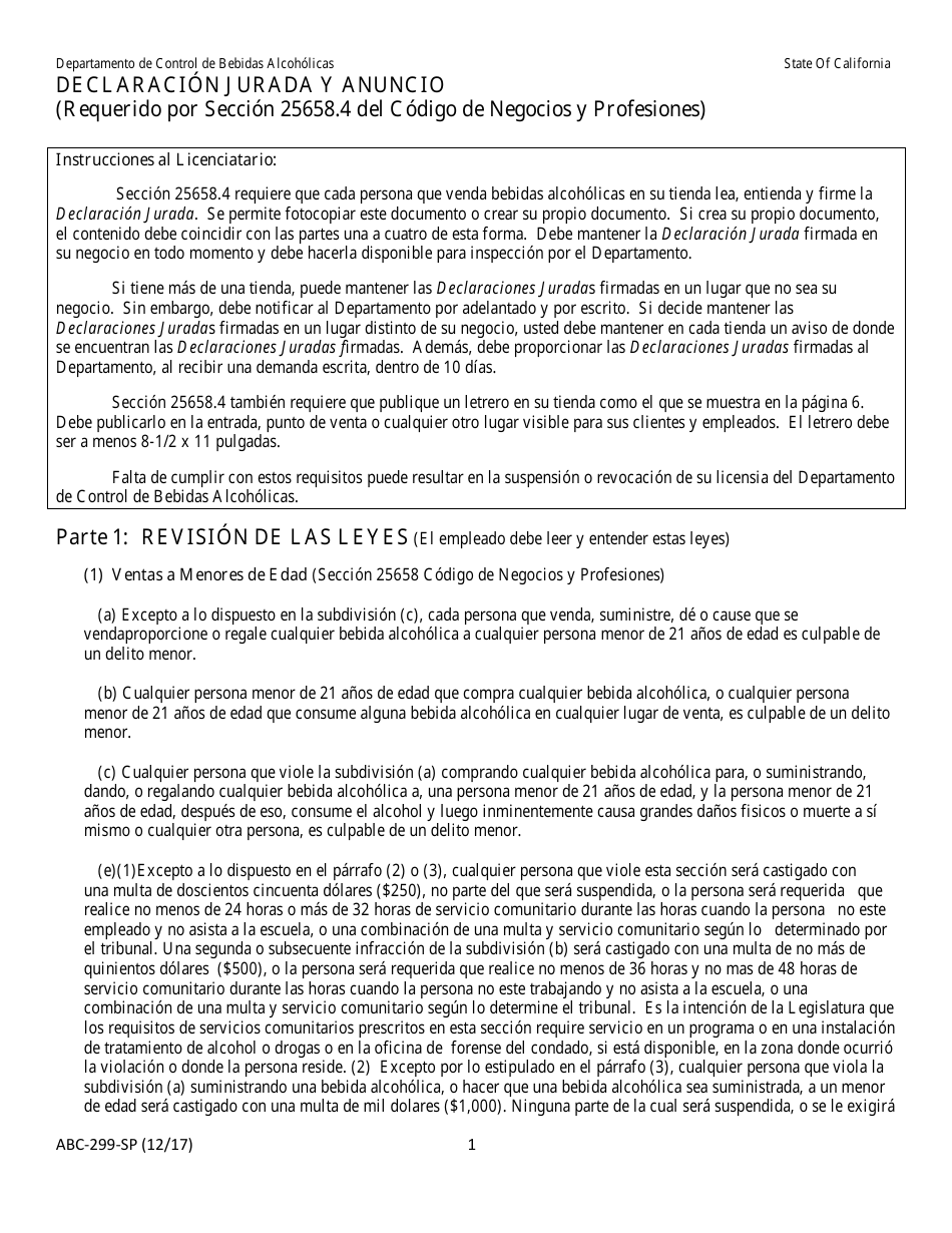 Formulario ABC-299-SP Declaracion Jurada Y Anuncio - California (Spanish), Page 1
