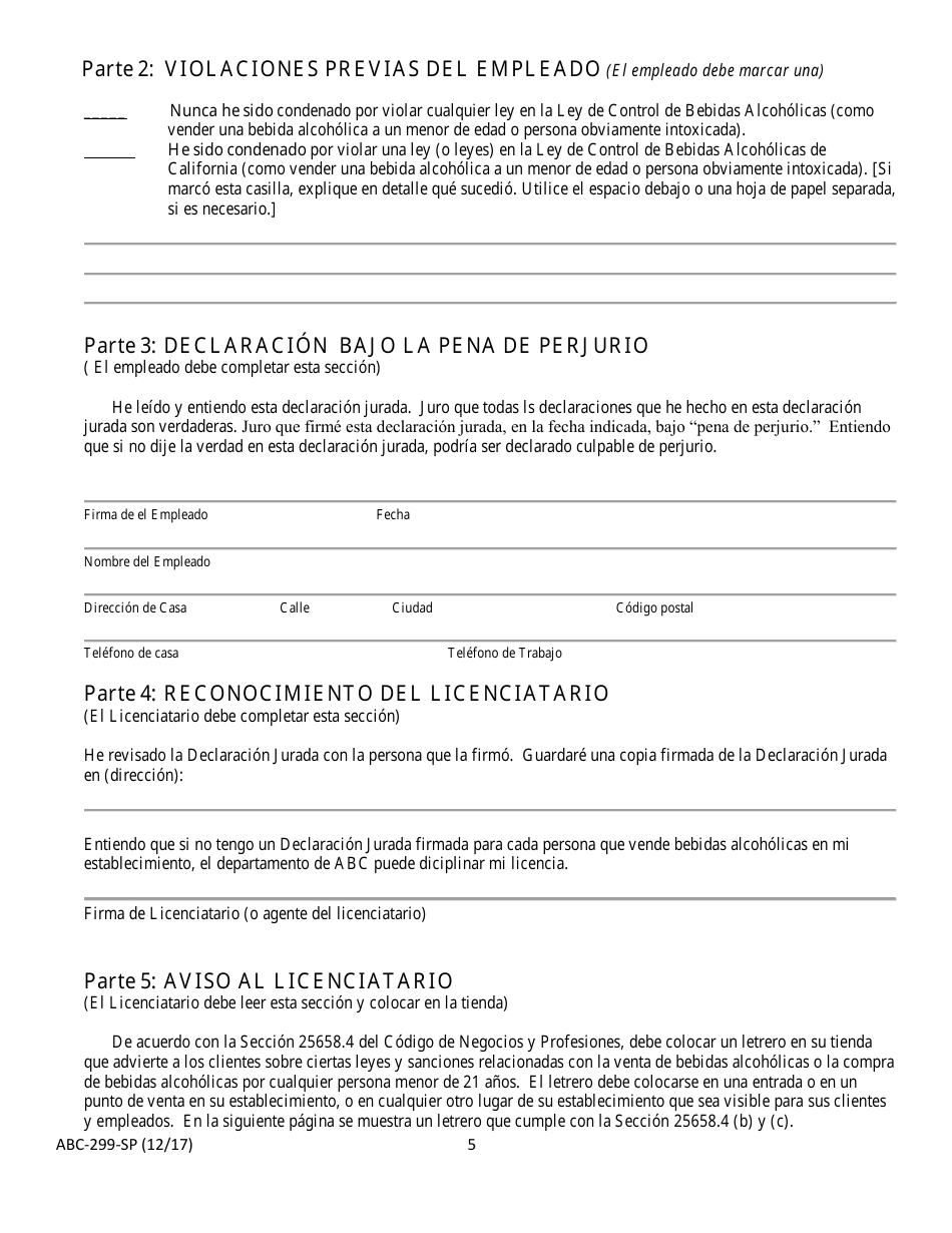 Formulario ABC-299-SP Declaracion Jurada Y Anuncio - California (Spanish), Page 5